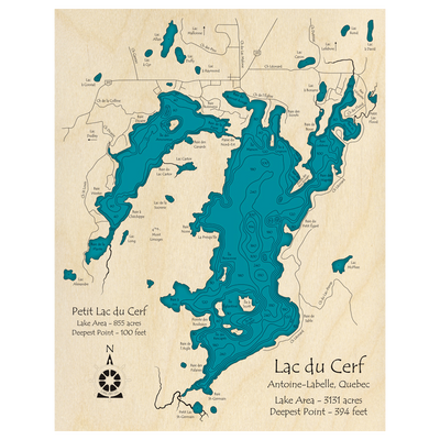 Bathymetric topo map of Lac du Cerf, QC with roads, towns and depths noted in blue water.