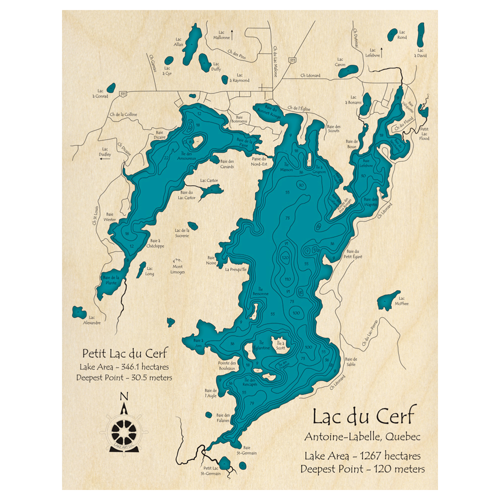 Bathymetric topo map of Lac du Cerf, QC with roads, towns and depths noted in blue water.