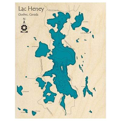 Bathymetric topo map of Lac Heney, QC with roads, towns and depths noted in blue water.