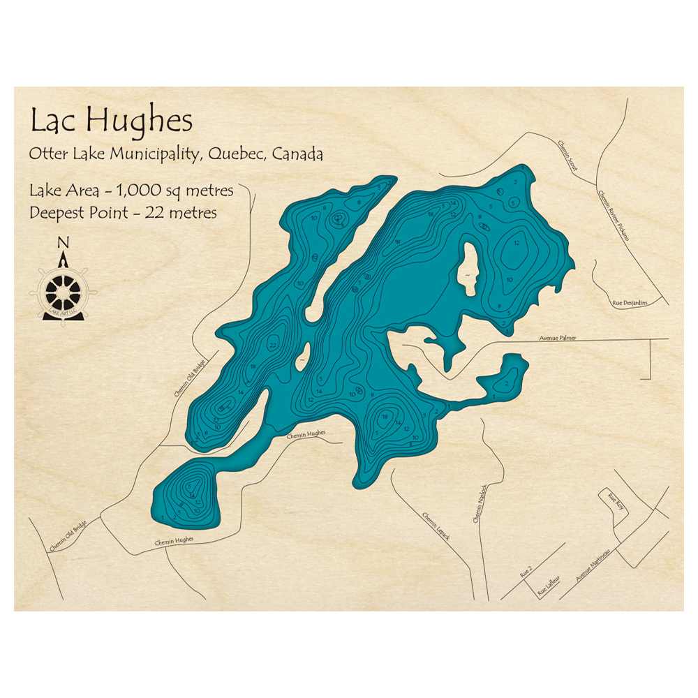 Bathymetric topo map of Lac Hughes, QC with roads, towns and depths noted in blue water.