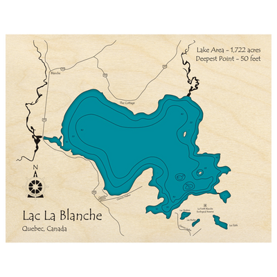 Bathymetric topo map of Lac La Blanche, QC with roads, towns and depths noted in blue water.