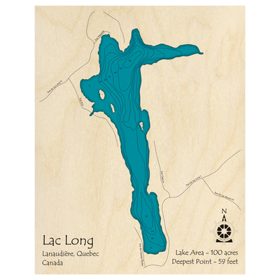 Bathymetric topo map of Lac Long, QC with roads, towns and depths noted in blue water.