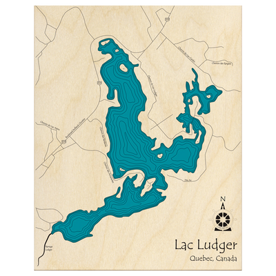 Bathymetric topo map of Lac Ludger, QC with roads, towns and depths noted in blue water.