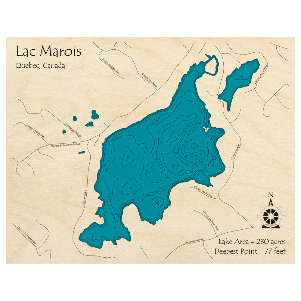 Bathymetric topo map of Lac Marois, QC with roads, towns and depths noted in blue water.