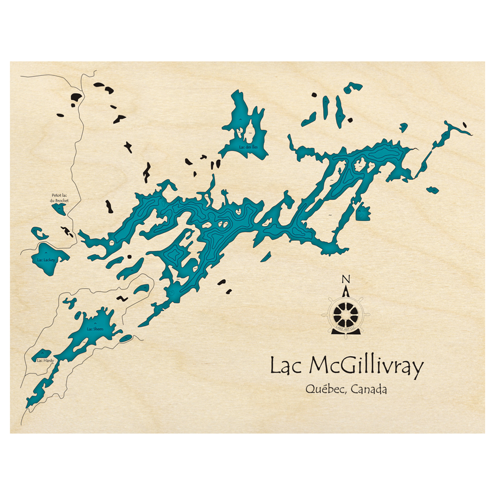 Bathymetric topo map of Lac McGillivray, QC with roads, towns and depths noted in blue water.