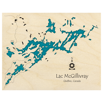 Bathymetric topo map of Lac McGillivray, QC with roads, towns and depths noted in blue water.