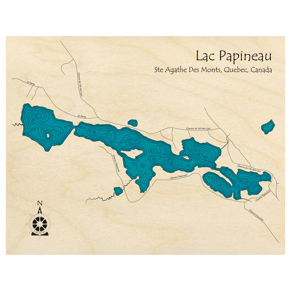 Bathymetric topo map of Lac Papineau, QC with roads, towns and depths noted in blue water.