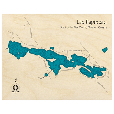 Bathymetric topo map of Lac Papineau, QC with roads, towns and depths noted in blue water.