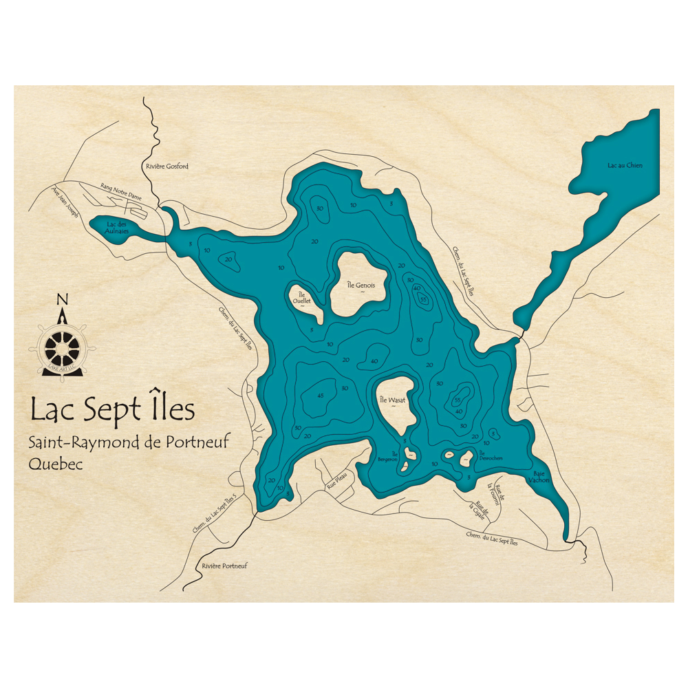 Bathymetric topo map of Lac Sept Iles, QC with roads, towns and depths noted in blue water.