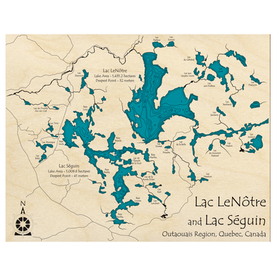 Bathymetric topo map of Lac LeNôtre and Lac Séguin, QC with roads, towns and depths noted in blue water.