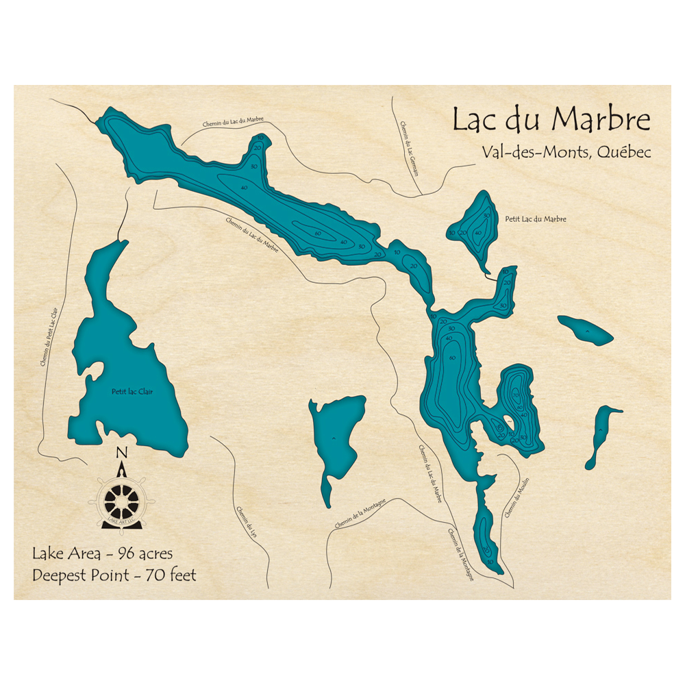 Lac du Marbre, Quebec 3D Custom Wood Map – Lake Art LLC