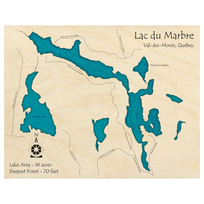 Bathymetric topo map of Lac du Marbre, QC with roads, towns and depths noted in blue water.