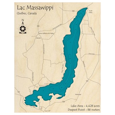 Bathymetric topo map of Lac Massawippi, QC with roads, towns and depths noted in blue water.