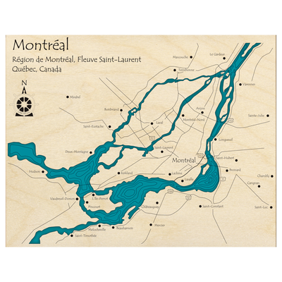 Bathymetric topo map of Montreal, QC with roads, towns and depths noted in blue water.
