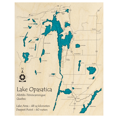 Bathymetric topo map of Lake Opasatica, QC with roads, towns and depths noted in blue water.