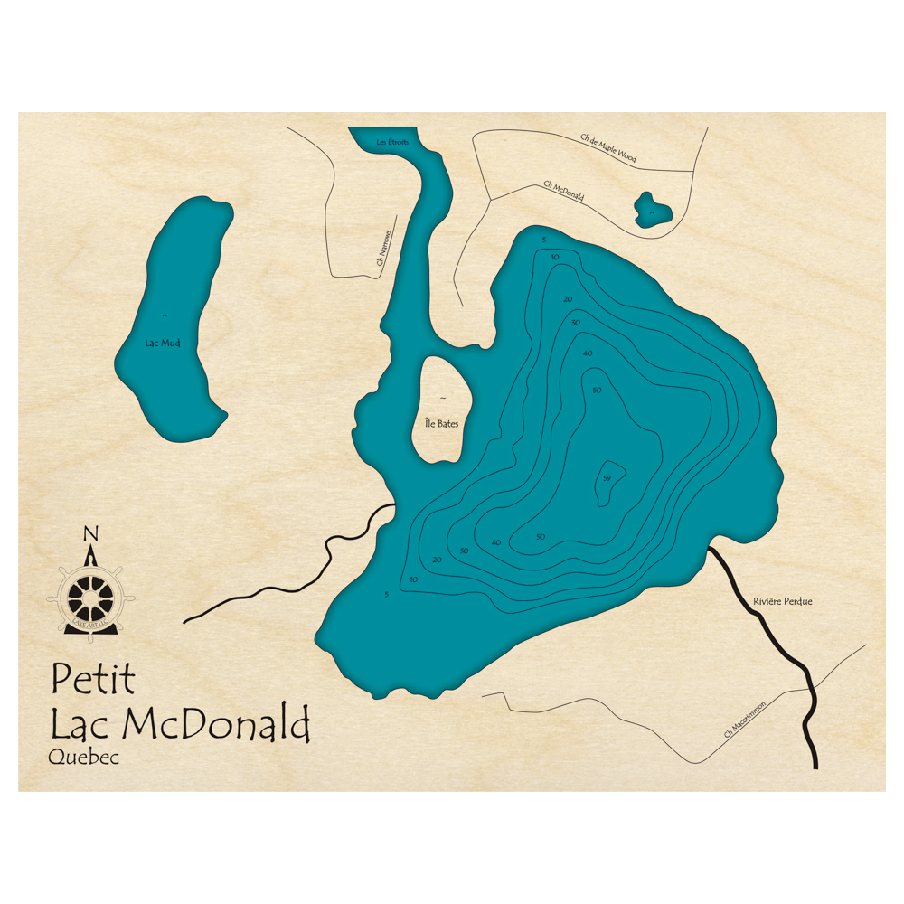 Bathymetric topo map of Petit Lac McDonald, QC with roads, towns and depths noted in blue water.