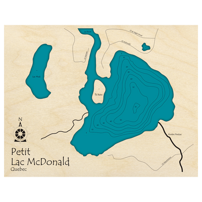 Bathymetric topo map of Petit Lac McDonald, QC with roads, towns and depths noted in blue water.