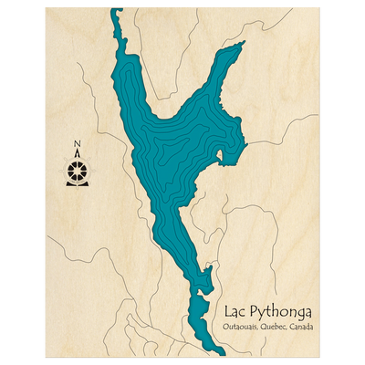 Bathymetric topo map of Lac Pythonga, QC with roads, towns and depths noted in blue water.