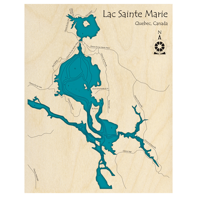 Bathymetric topo map of Lac Sainte Marie, QC with roads, towns and depths noted in blue water.