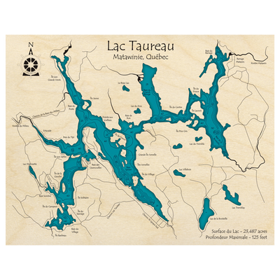Bathymetric topo map of Lac Taureau, QC with roads, towns and depths noted in blue water.