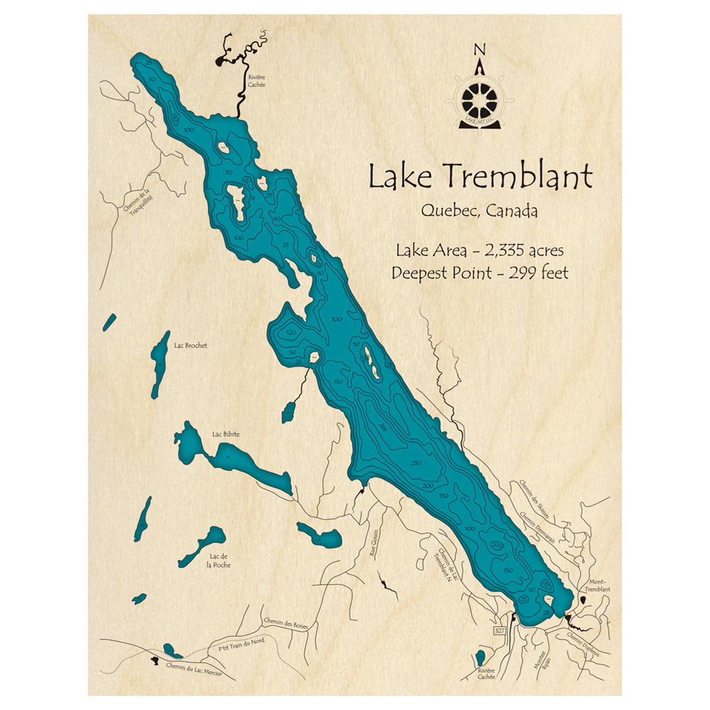 Bathymetric topo map of Lac Tremblant, QC with roads, towns and depths noted in blue water.
