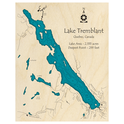 Bathymetric topo map of Lac Tremblant, QC with roads, towns and depths noted in blue water.