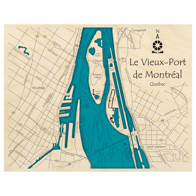 Bathymetric topo map of Vieux Port de Montreal, QC with roads, towns and depths noted in blue water.