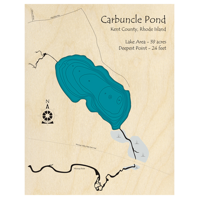 Bathymetric topo map of Carbuncle Pond, RI with roads, towns and depths noted in blue water.