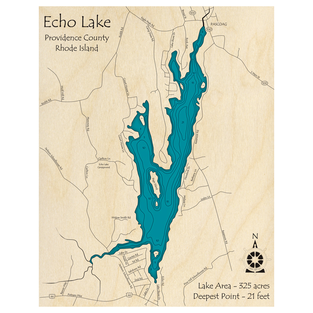 Bathymetric topo map of Echo Lake, RI with roads, towns and depths noted in blue water.