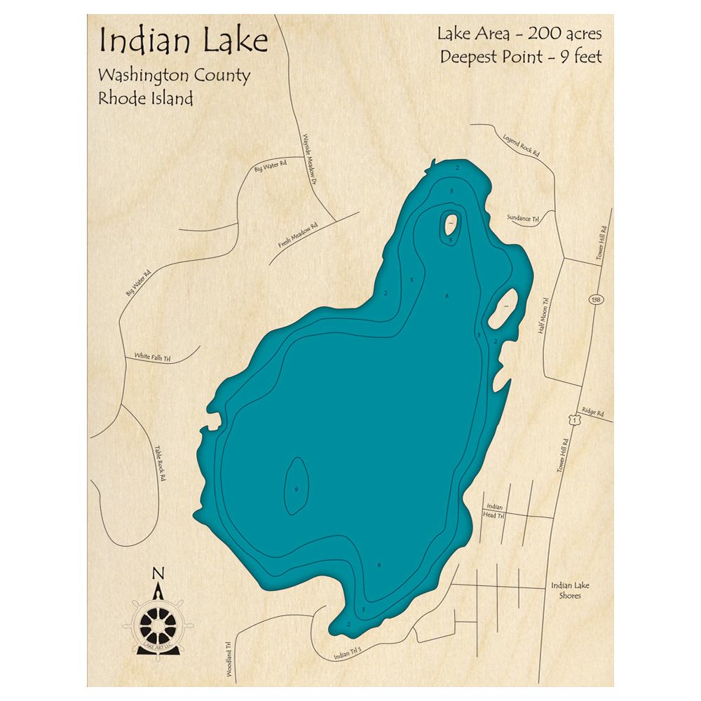 Bathymetric topo map of Indian Lake, RI with roads, towns and depths noted in blue water.