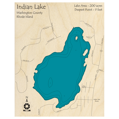 Bathymetric topo map of Indian Lake, RI with roads, towns and depths noted in blue water.