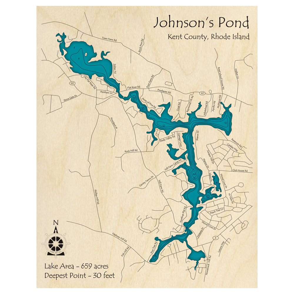 Bathymetric topo map of Johnsons Pond, RI with roads, towns and depths noted in blue water.