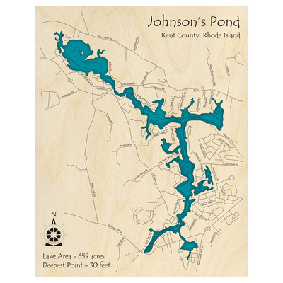 Bathymetric topo map of Johnsons Pond, RI with roads, towns and depths noted in blue water.