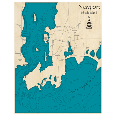 Bathymetric topo map of Newport - Rhode Island Sound, RI with roads, towns and depths noted in blue water.