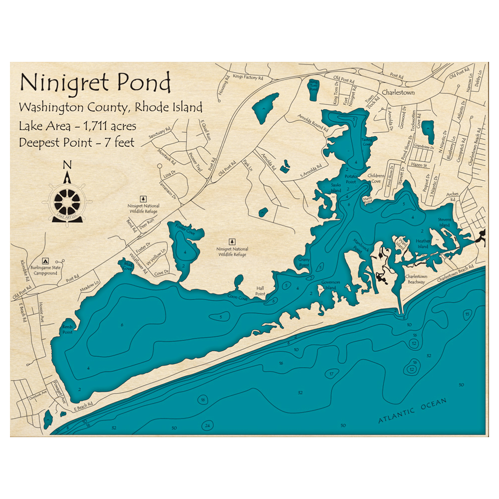 Bathymetric topo map of Ninigret Pond, RI with roads, towns and depths noted in blue water.