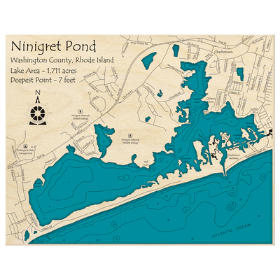 Bathymetric topo map of Ninigret Pond, RI with roads, towns and depths noted in blue water.