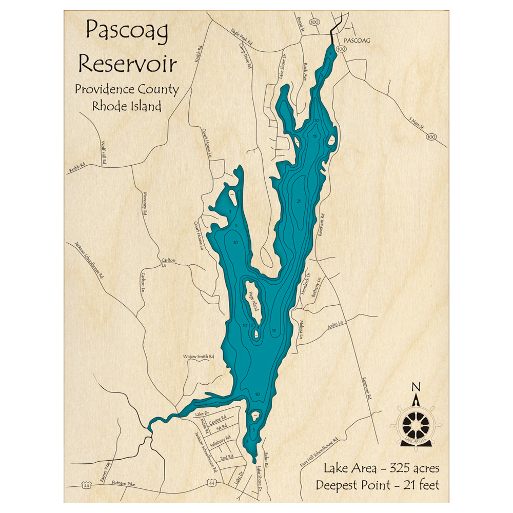 Bathymetric topo map of Pascoag Reservoir, RI with roads, towns and depths noted in blue water.