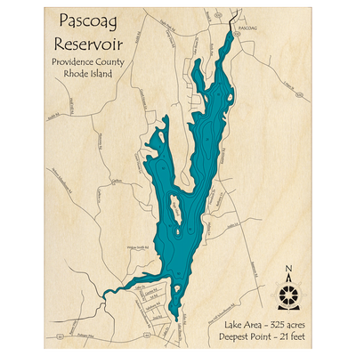 Bathymetric topo map of Pascoag Reservoir, RI with roads, towns and depths noted in blue water.