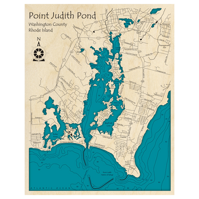 Bathymetric topo map of Point Judith Pond, RI with roads, towns and depths noted in blue water.