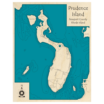 Bathymetric topo map of Prudence Island, RI with roads, towns and depths noted in blue water.