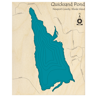 Bathymetric topo map of Quicksand Pond, RI with roads, towns and depths noted in blue water.