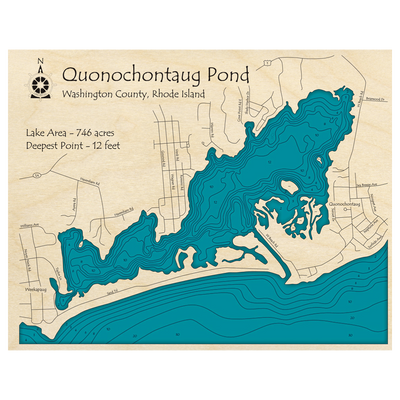 Bathymetric topo map of Quonochontaug Pond, RI with roads, towns and depths noted in blue water.