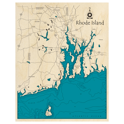 Bathymetric topo map of Coast of Rhode Island, RI with roads, towns and depths noted in blue water.