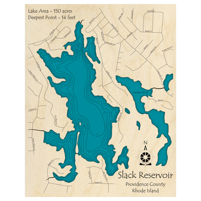 Bathymetric topo map of Slack Reservoir, RI with roads, towns and depths noted in blue water.