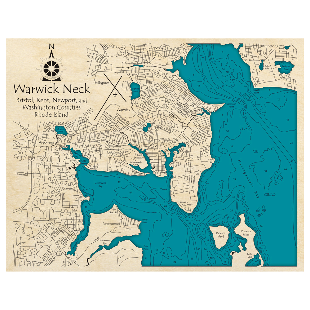 Bathymetric topo map of Warwick Neck, RI with roads, towns and depths noted in blue water.