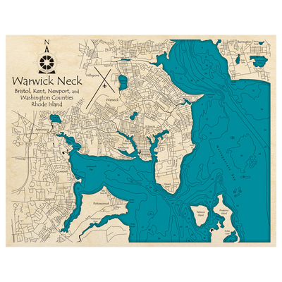Bathymetric topo map of Warwick Neck, RI with roads, towns and depths noted in blue water.