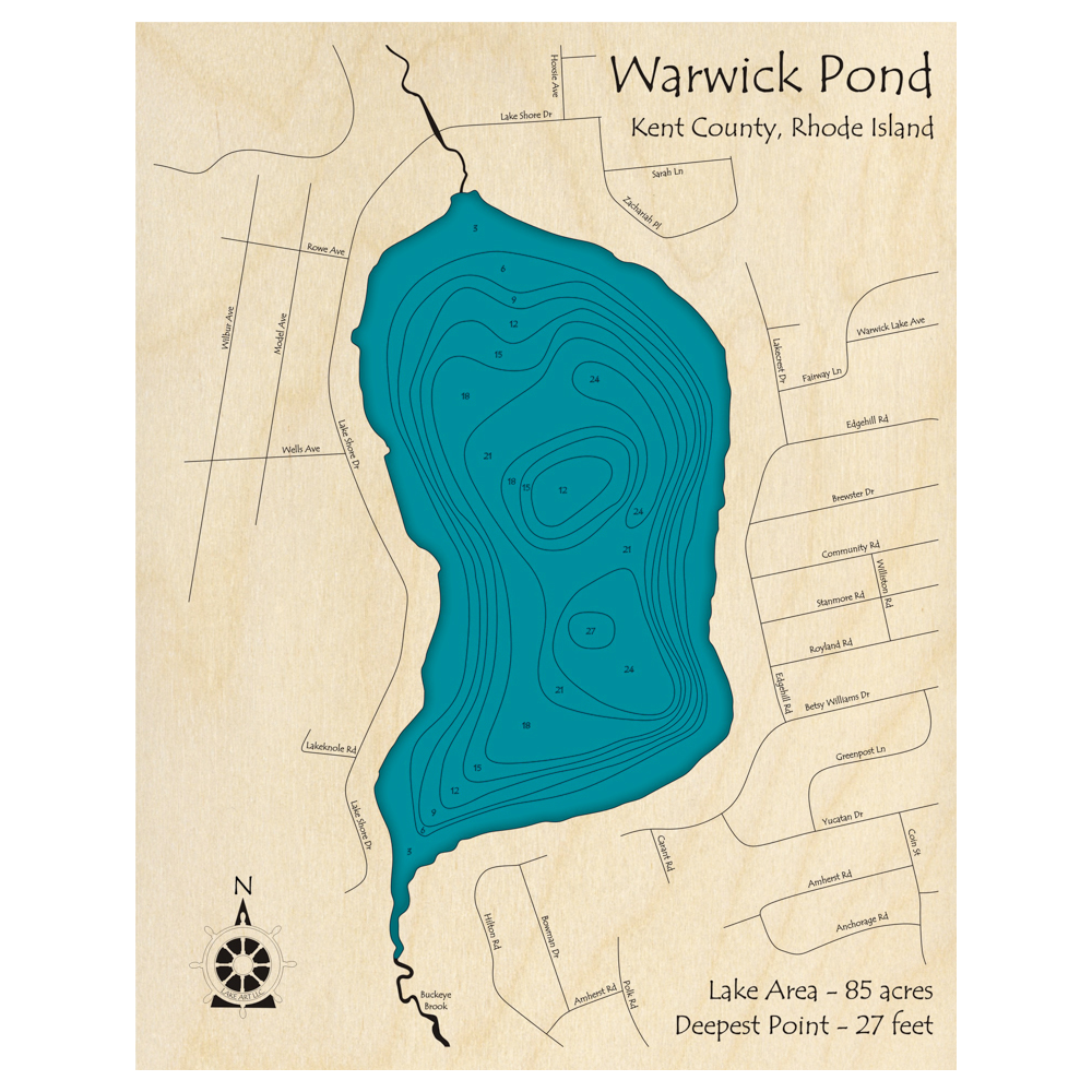 Bathymetric topo map of Warwick Pond, RI with roads, towns and depths noted in blue water.