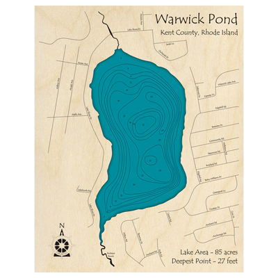 Bathymetric topo map of Warwick Pond, RI with roads, towns and depths noted in blue water.