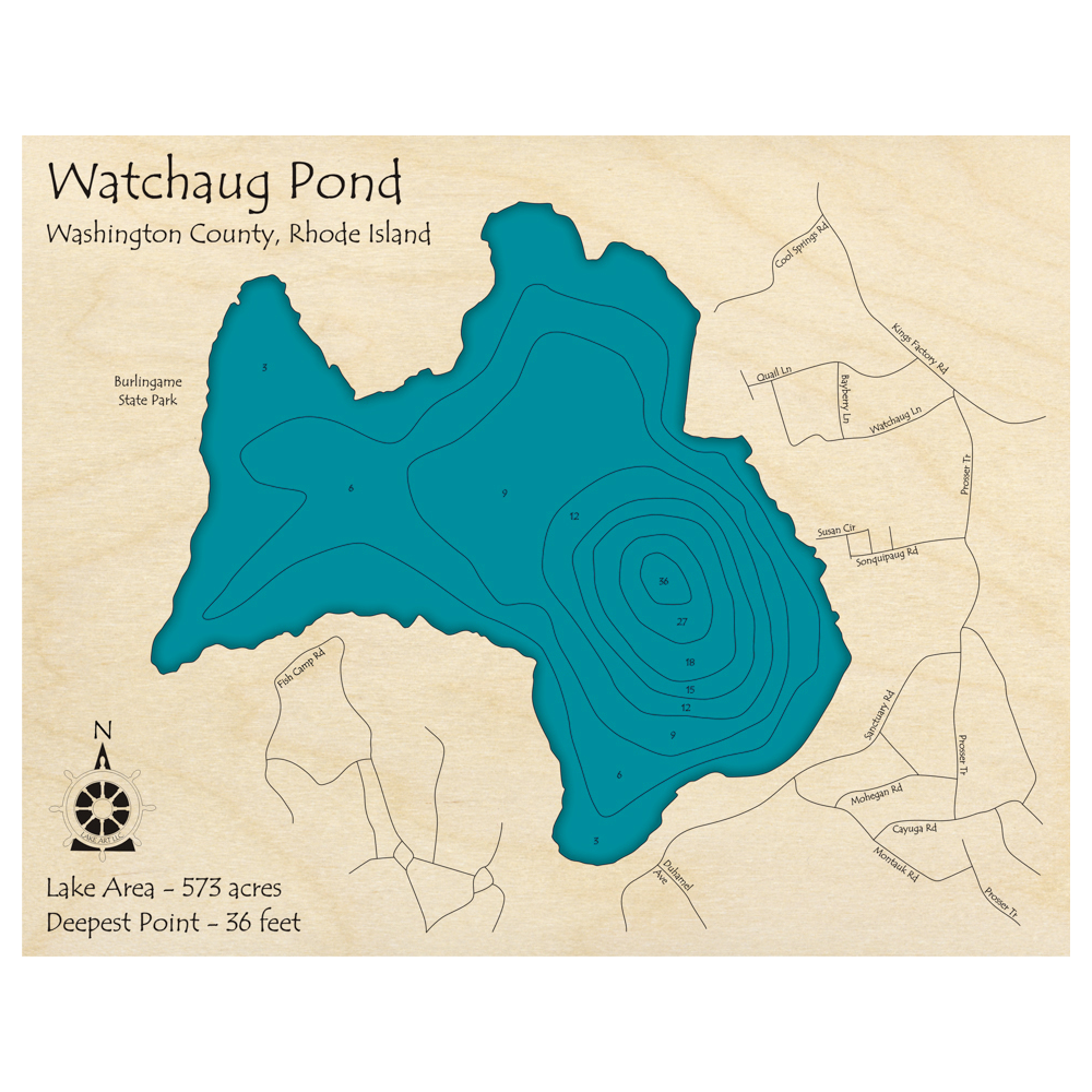 Bathymetric topo map of Watchaug Pond, RI with roads, towns and depths noted in blue water.