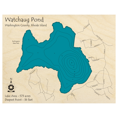 Bathymetric topo map of Watchaug Pond, RI with roads, towns and depths noted in blue water.